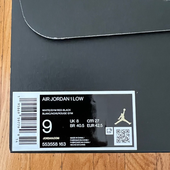 Air Jordan 1 Low. White, Black, Gym Red. Size 9. - Picture 12 of 12